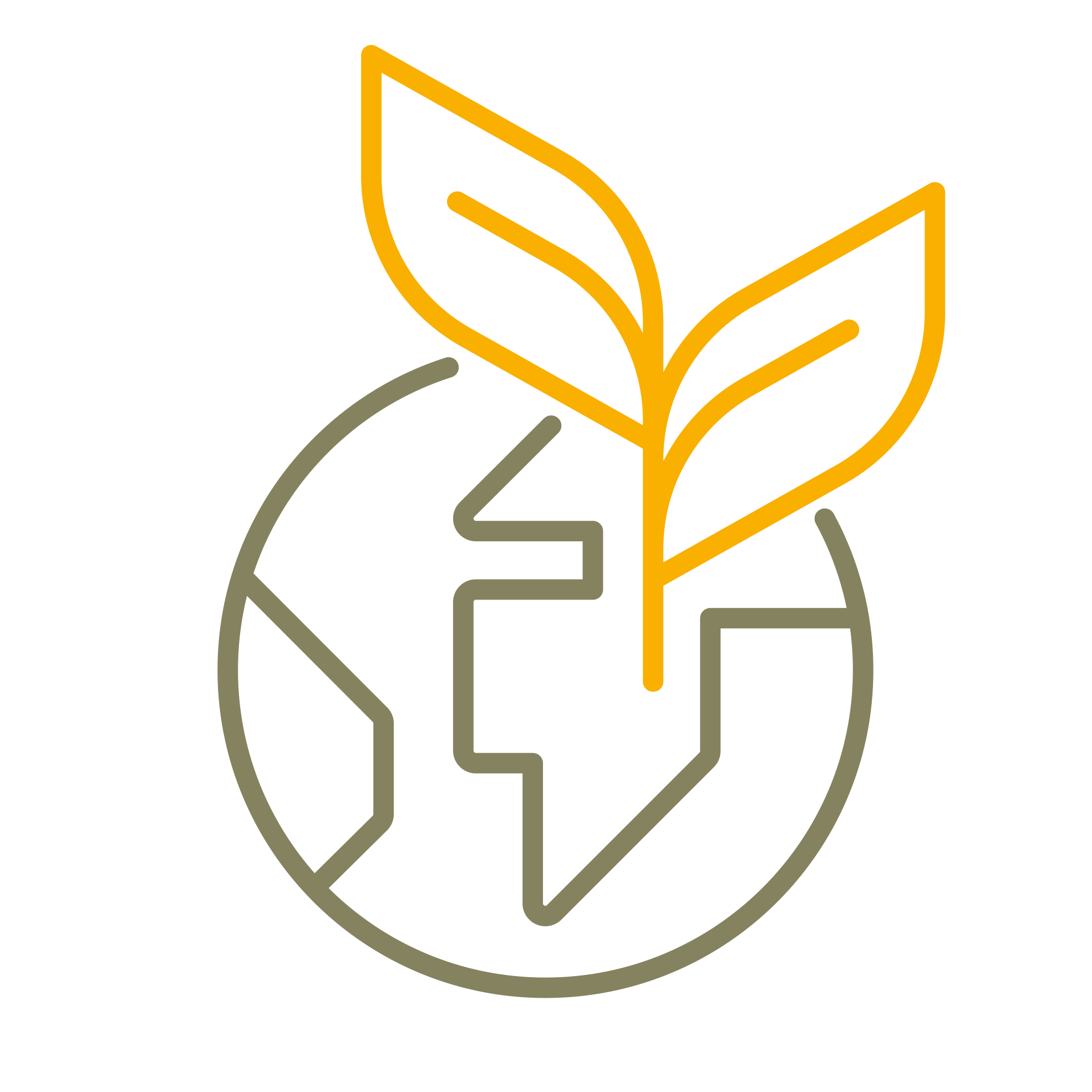 Symbol zeigt eine vereinfacht dargestellte Weltkugel aus braunen Linien und eine zweiblättrige Pflanze aus gelben Linien