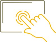 Vereinfachte grafische Darstellung einer Hand, die mit ausgestrecktem Zeigefinger auf ein Touch-Display tippt