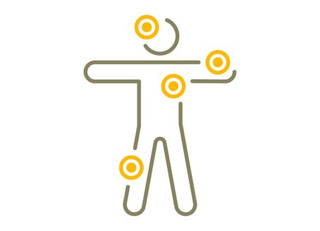 Vereinfachte grafische Darstellung eines Menschen mit markierten Punkten an Kopf, Arm, Achsel und Knie