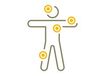 Vereinfachte grafische Darstellung eines Menschen mit markierten Punkten an Kopf, Arm, Achsel und Knie